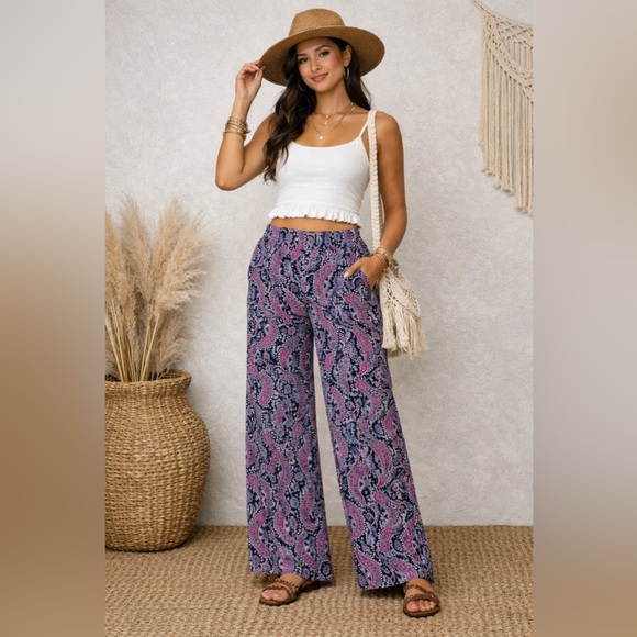 Urban Coco Pants - Paisley Wide Leg Pants Boho Chic Flowy Lounge Resort Wear Pull On Palazzo XLg